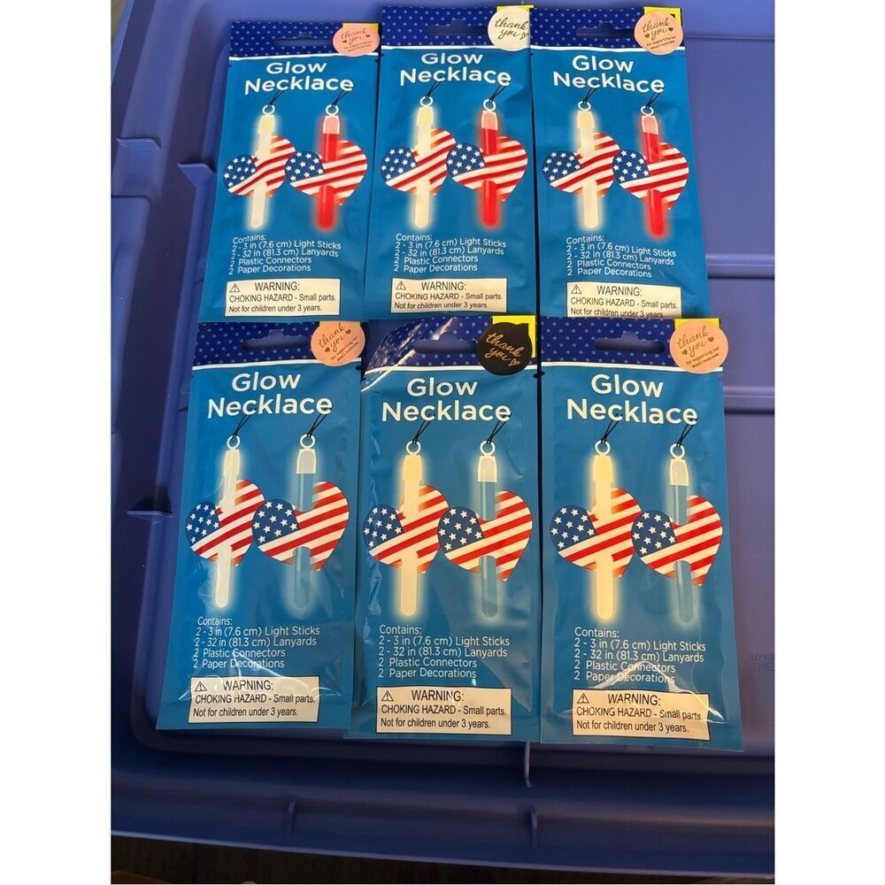 New 6 Packs Glow Necklace with American Flag Heart Pendant - Blue / White / Red